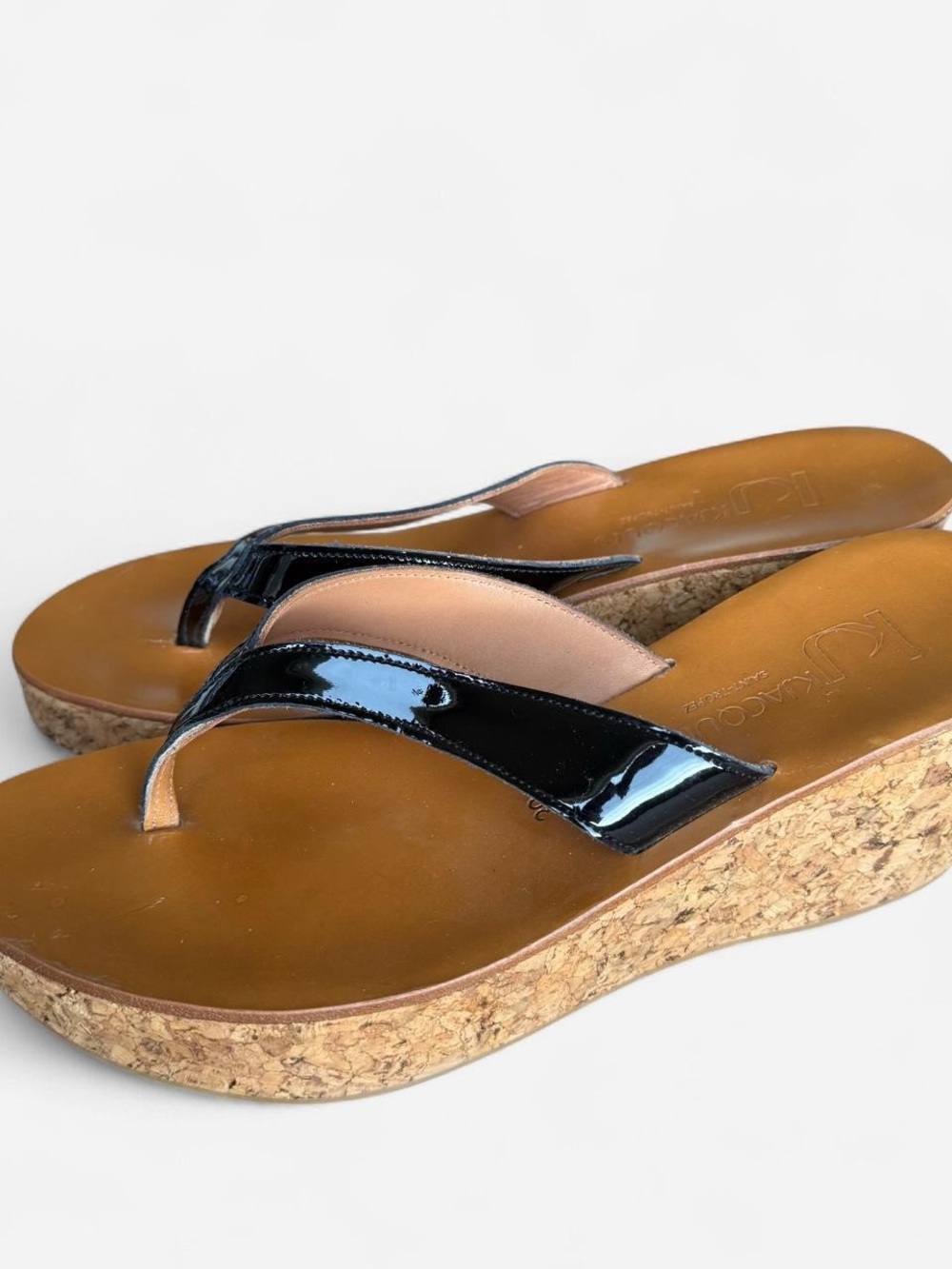 Women’s Wedge Cork Flip-Flop Sandals with Black Patent Straps - Picture 2 of 4